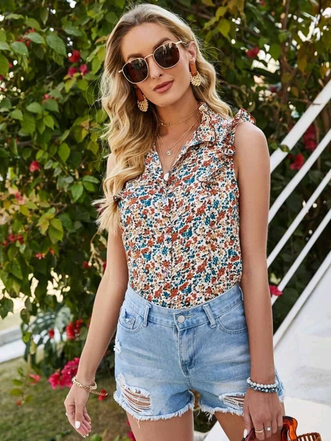 Ditsy Floral Ruffle Trim Blouse