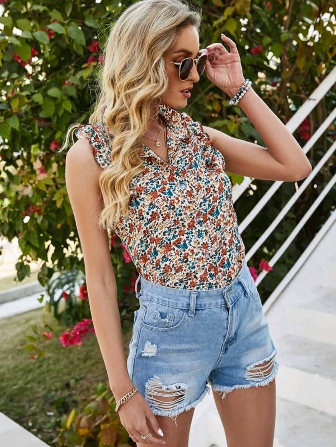 Ditsy Floral Ruffle Trim Blouse