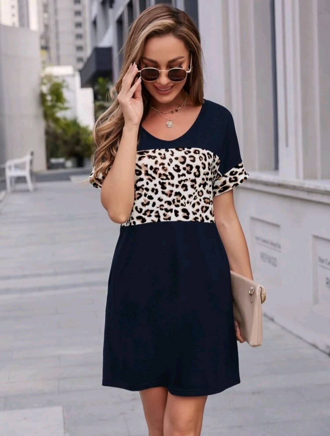 Leopard Panel Slant Pocket Tee Dress
