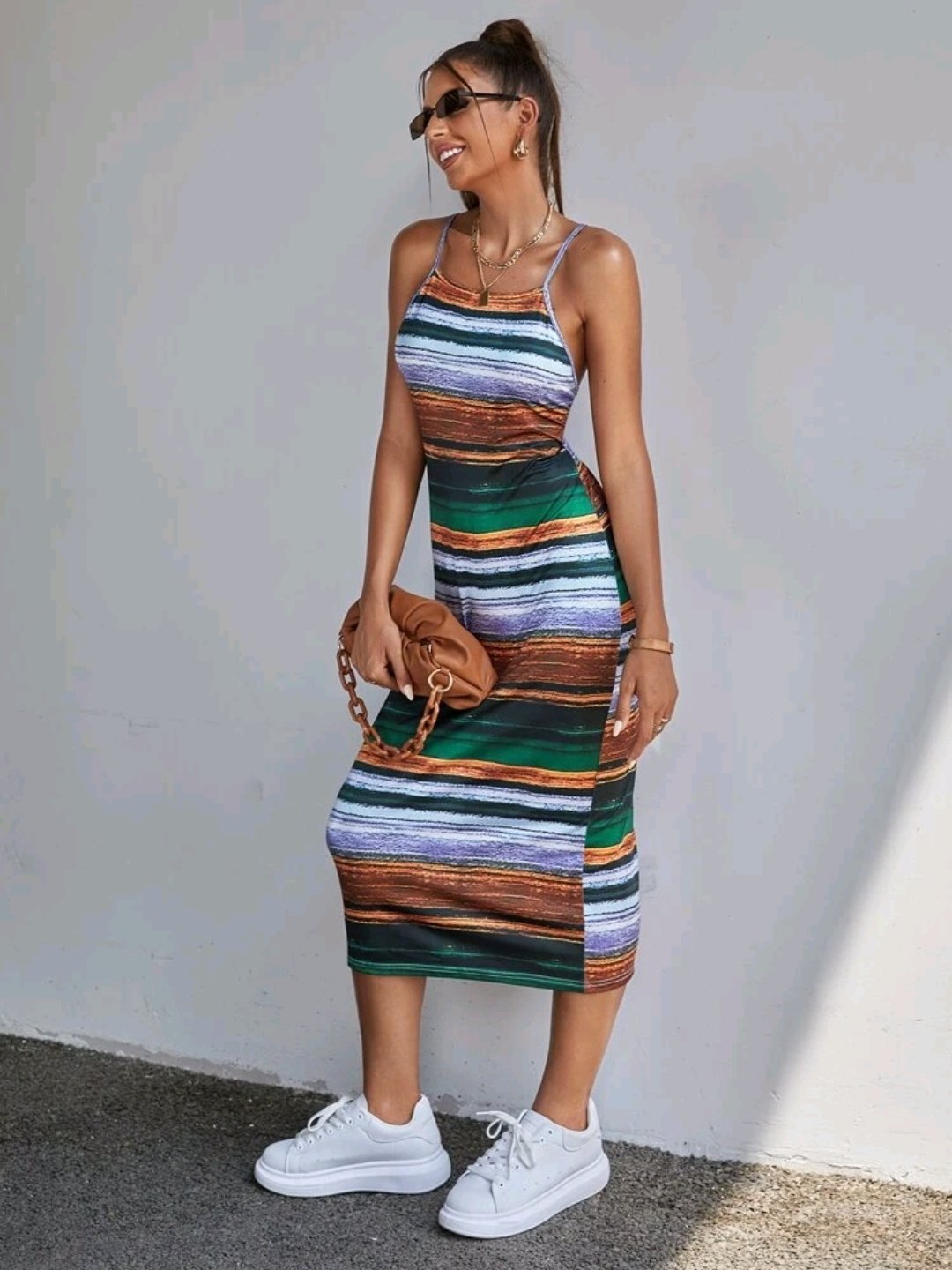 Striped Criss Cross Slit Back Cami Dress