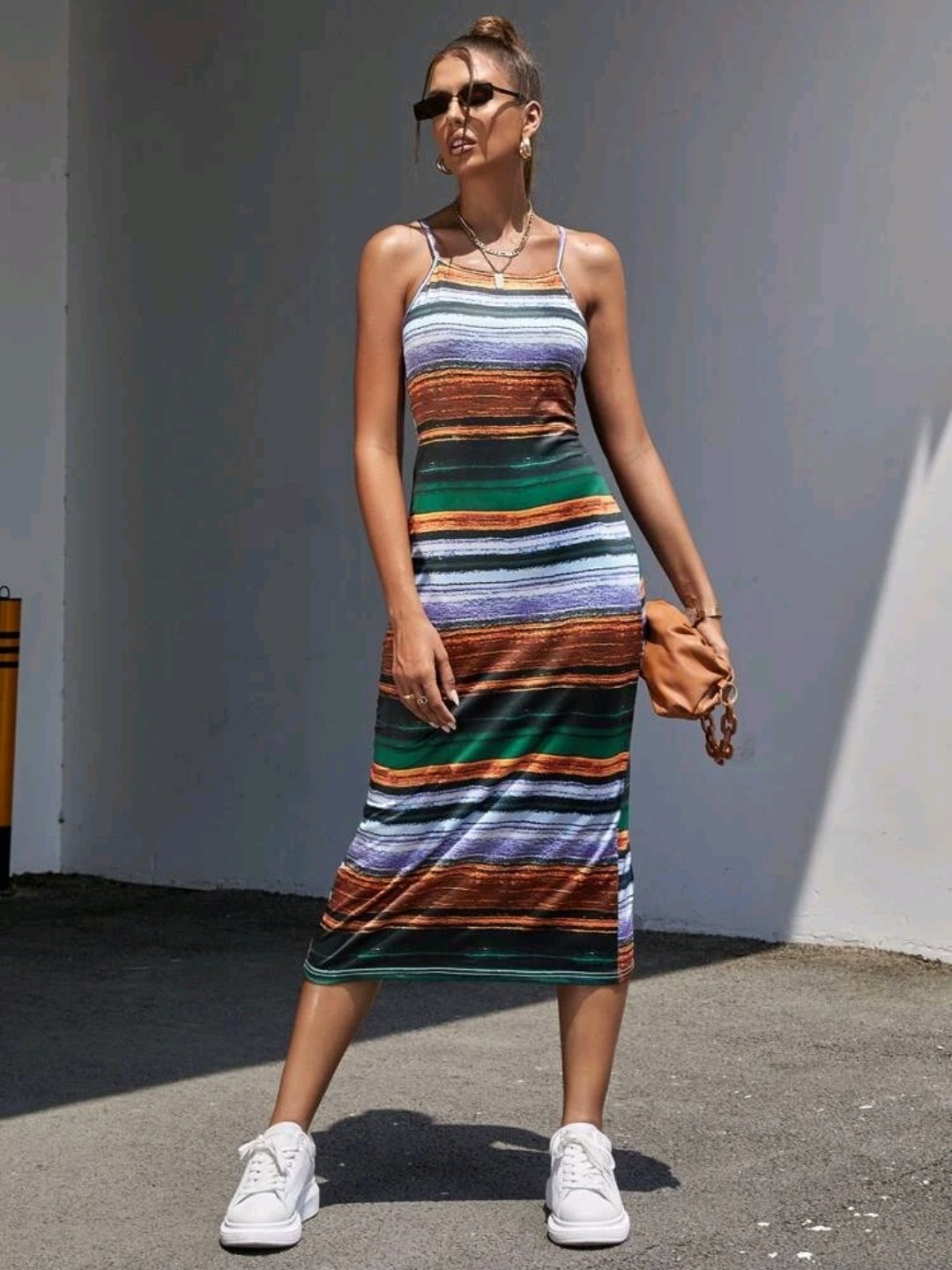 Striped Criss Cross Slit Back Cami Dress
