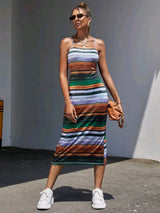 Striped Criss Cross Slit Back Cami Dress