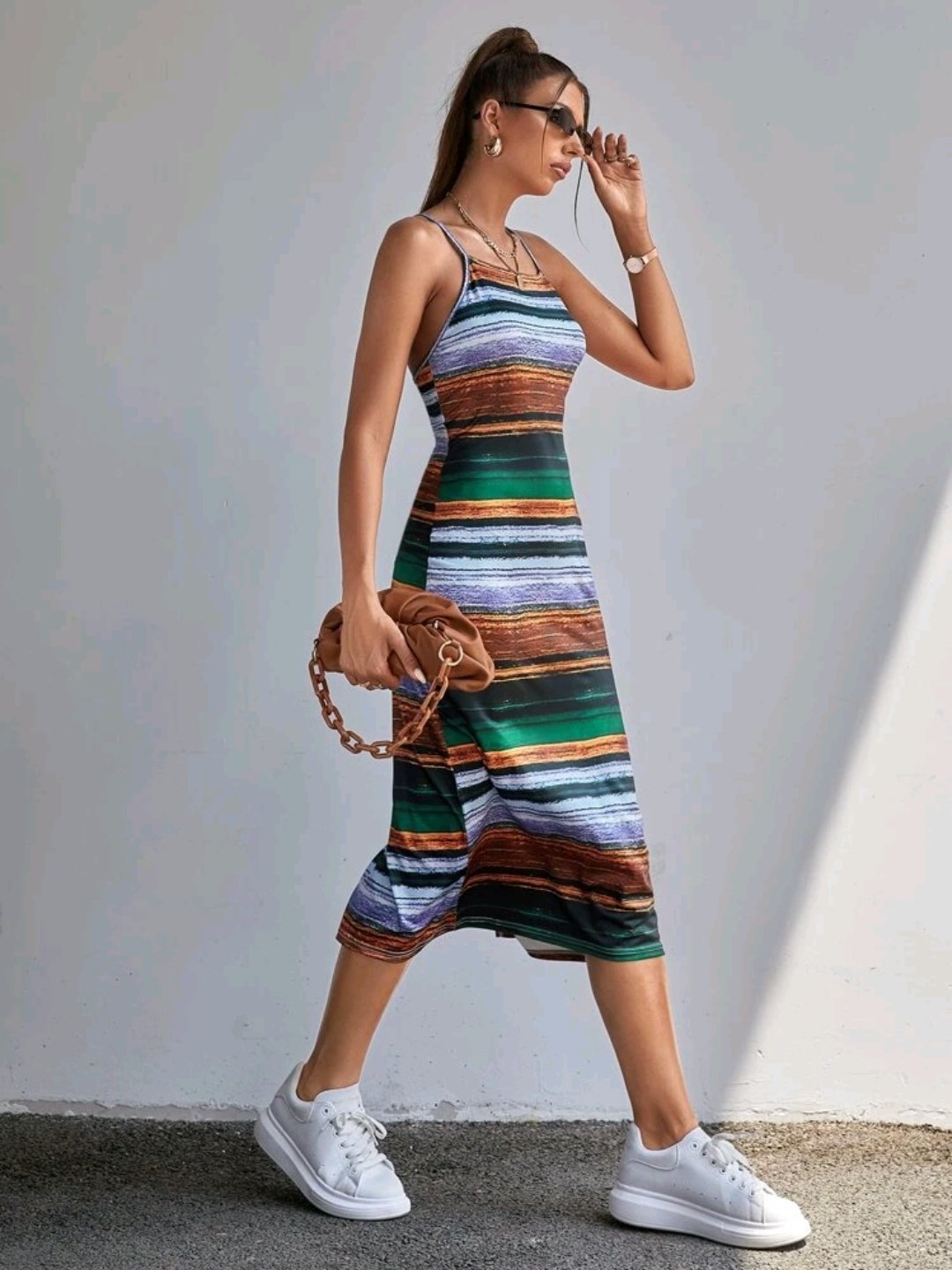 Striped Criss Cross Slit Back Cami Dress