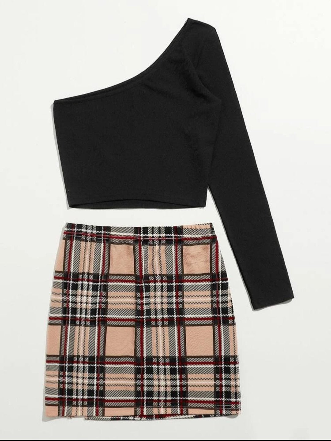 SHEIN One Shoulder Solid Crop Top &amp; Plaid Skirt Set