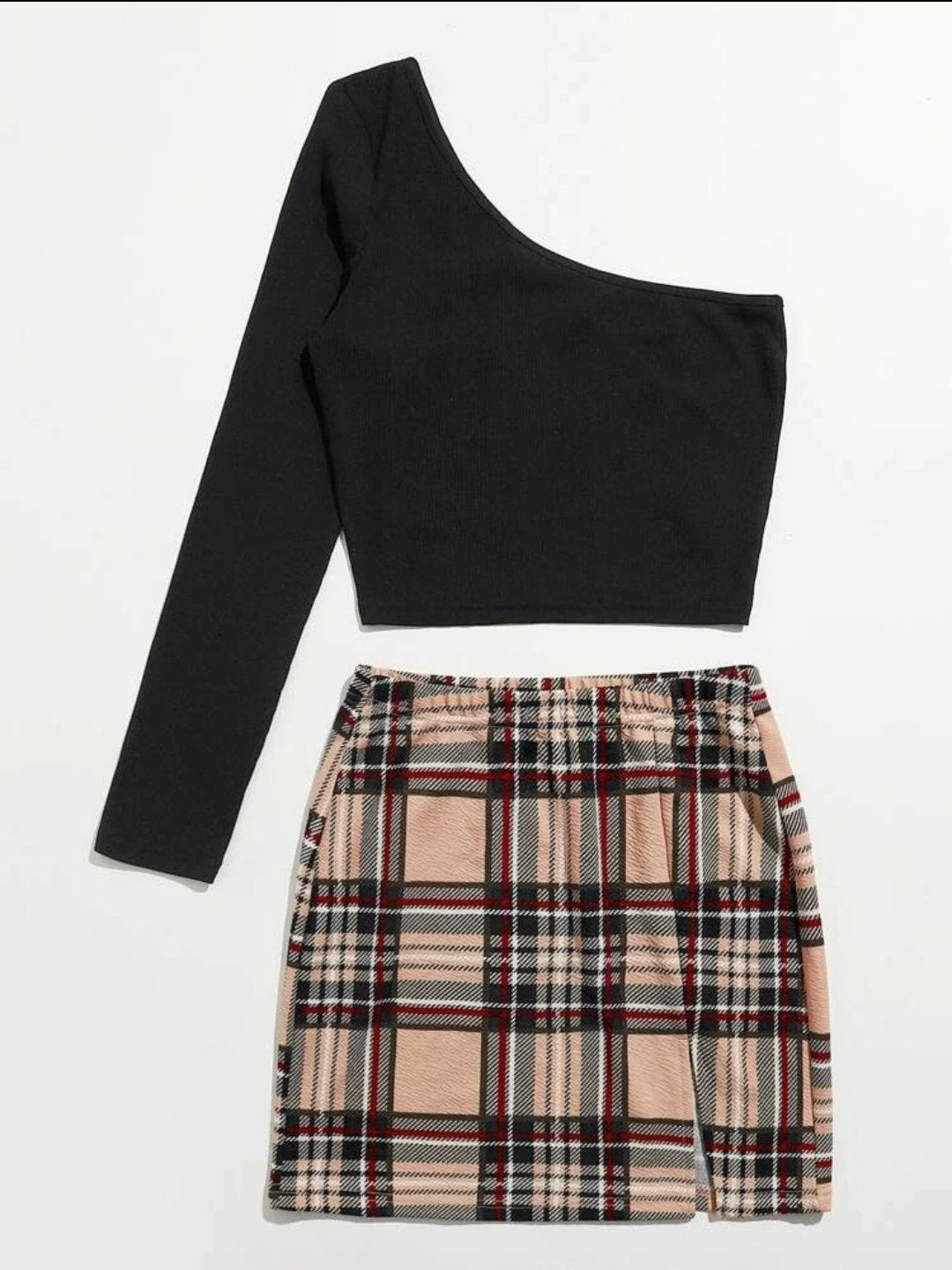 SHEIN One Shoulder Solid Crop Top &amp; Plaid Skirt Set