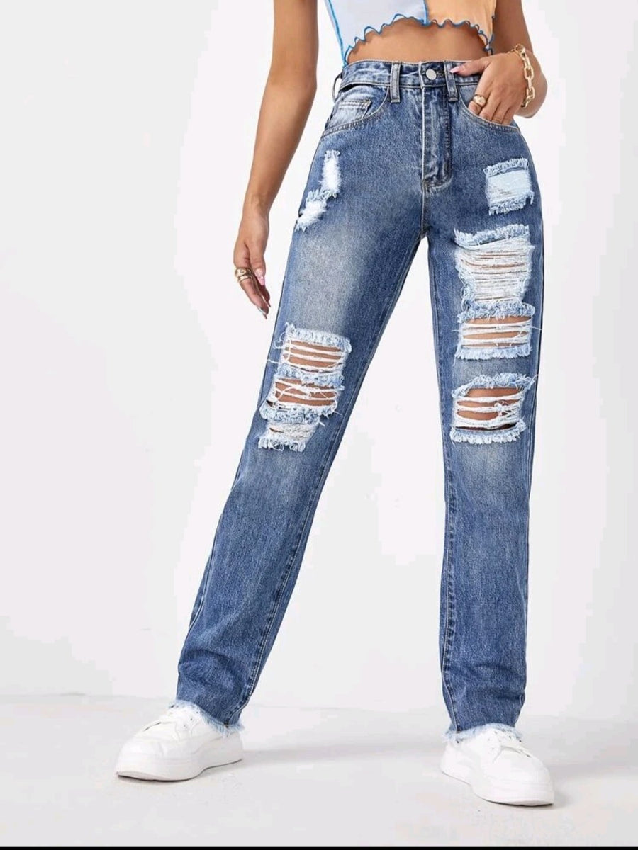 High Waist Raw Hem Ripped Jeans
