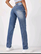 High Waist Raw Hem Ripped Jeans
