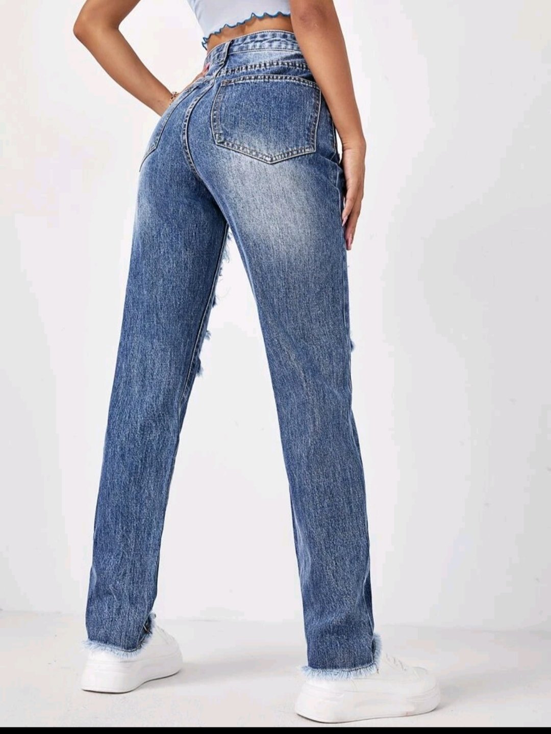 High Waist Raw Hem Ripped Jeans