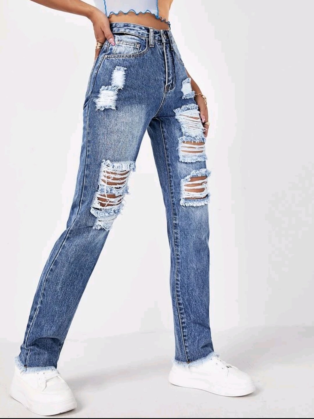 High Waist Raw Hem Ripped Jeans