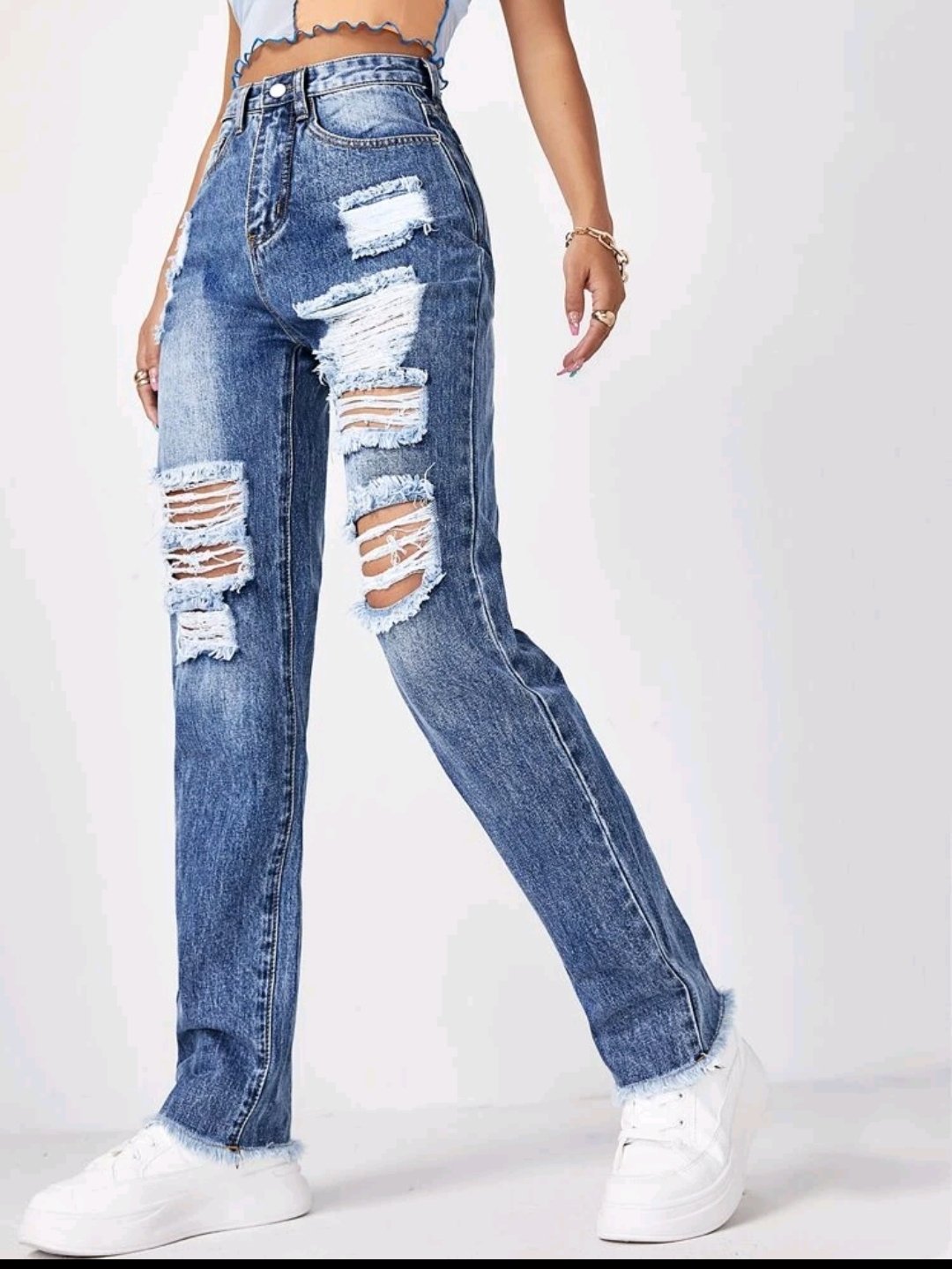High Waist Raw Hem Ripped Jeans