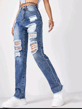 High Waist Raw Hem Ripped Jeans