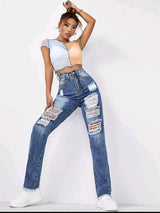 High Waist Raw Hem Ripped Jeans