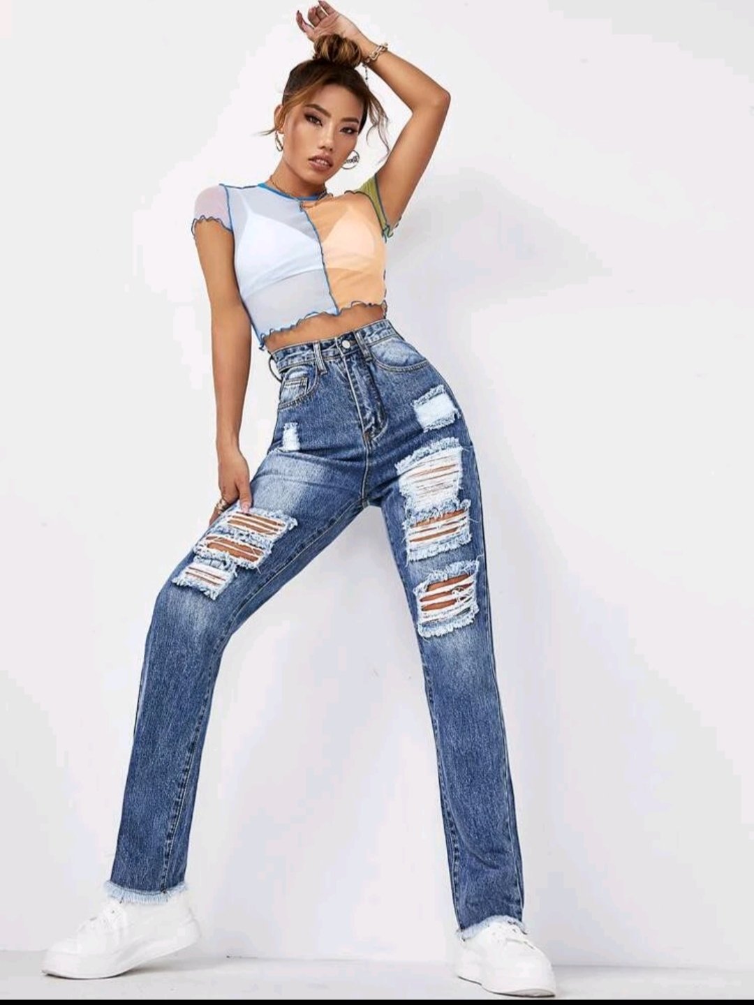 High Waist Raw Hem Ripped Jeans