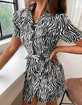 Zebra Stripe Belted Shirt Dress