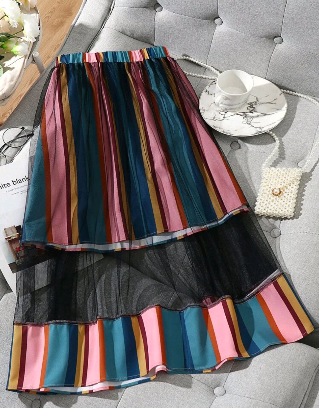 Plus Striped Print Mesh Insert Skirt