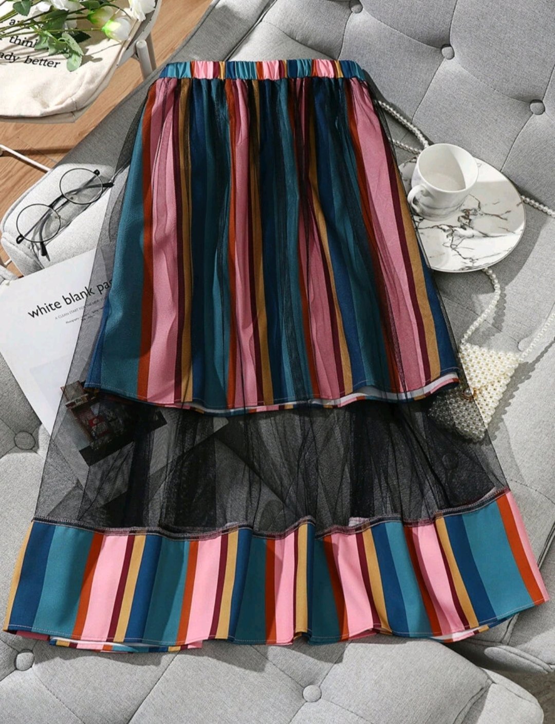 Plus Striped Print Mesh Insert Skirt