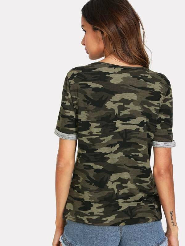 SHEIN Camo Print Fishnet Insert Short Sleeve Tee