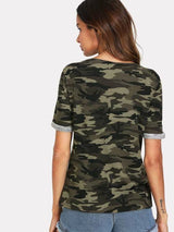 SHEIN Camo Print Fishnet Insert Short Sleeve Tee