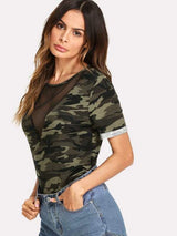 SHEIN Camo Print Fishnet Insert Short Sleeve Tee