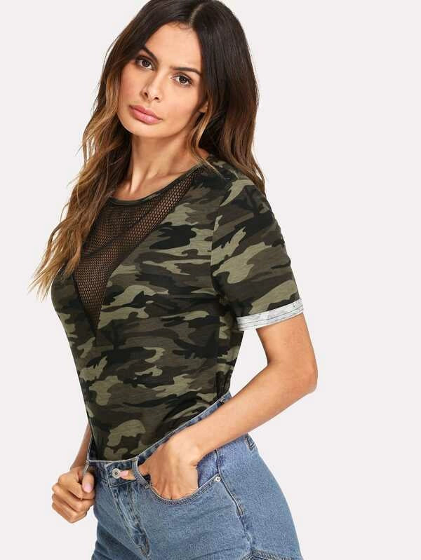 SHEIN Camo Print Fishnet Insert Short Sleeve Tee