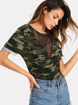 SHEIN Camo Print Fishnet Insert Short Sleeve Tee