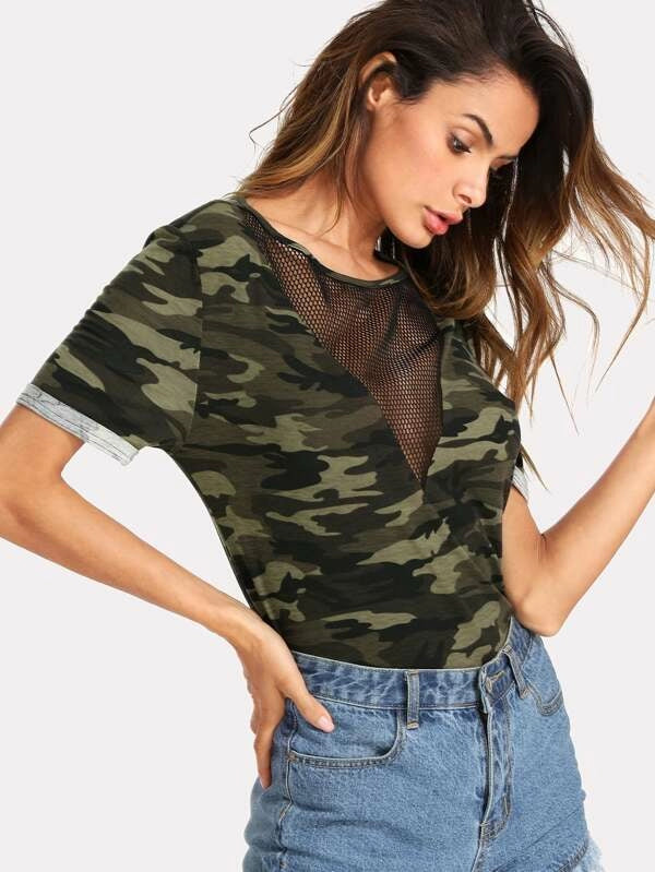 SHEIN Camo Print Fishnet Insert Short Sleeve Tee