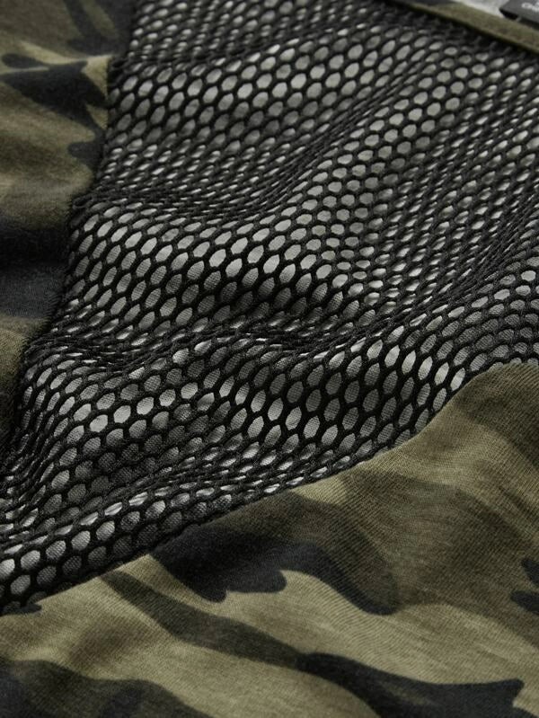SHEIN Camo Print Fishnet Insert Short Sleeve Tee