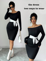 Islaluna Women's Elegant &amp; Sophisticated Off Shoulder Colorblock Midi Dress