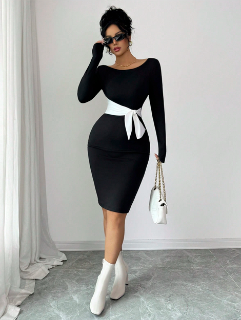 Islaluna Women's Elegant &amp; Sophisticated Off Shoulder Colorblock Midi Dress