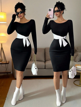 Islaluna Women's Elegant &amp; Sophisticated Off Shoulder Colorblock Midi Dress