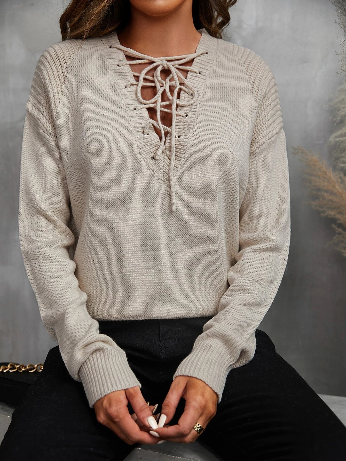Lace Up Front Drop Shoulder Sweater