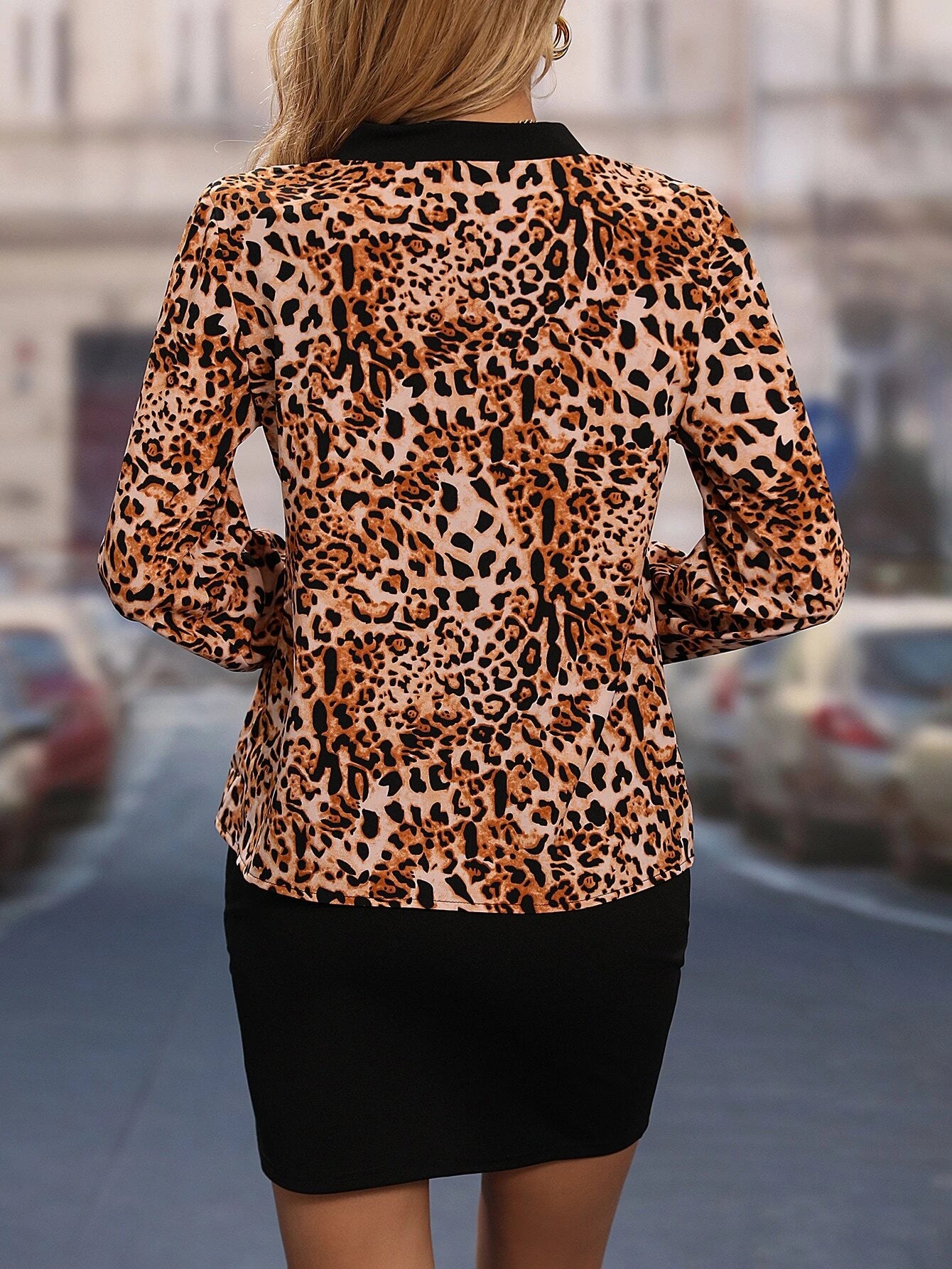 Leopard Print Contrast Trim Blouse &amp; Button Front Bodycon Skirt