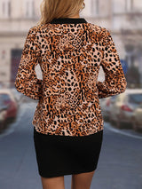 Leopard Print Contrast Trim Blouse &amp; Button Front Bodycon Skirt