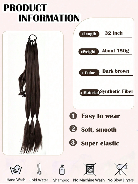 Long Braided Ponytail Hair Extension (Includes Hair Tie), Straight Wrap-Around Synthetic Fiber Hair Piece