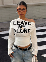 Muchica Women's White Letter Print Oblique Shoulder Cinched Waist Cropped Long Sleeve T-Shirt