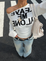 Muchica Women's White Letter Print Oblique Shoulder Cinched Waist Cropped Long Sleeve T-Shirt