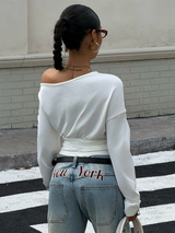 Muchica Women's White Letter Print Oblique Shoulder Cinched Waist Cropped Long Sleeve T-Shirt