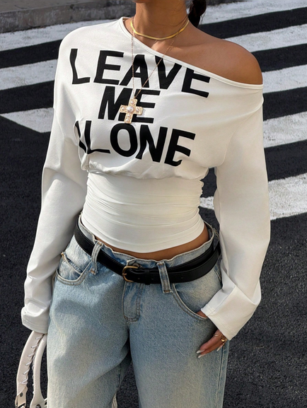 Muchica Women's White Letter Print Oblique Shoulder Cinched Waist Cropped Long Sleeve T-Shirt