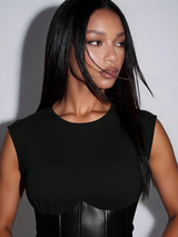 Normani Women's Black Round Neck PU Leather Patchwork Slim-Fit Tank Top