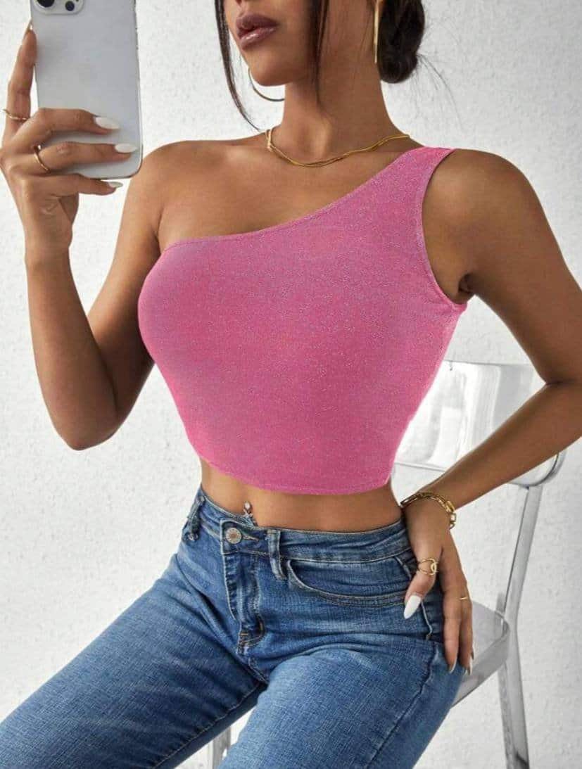 One Shoulder Crop Glitter Top