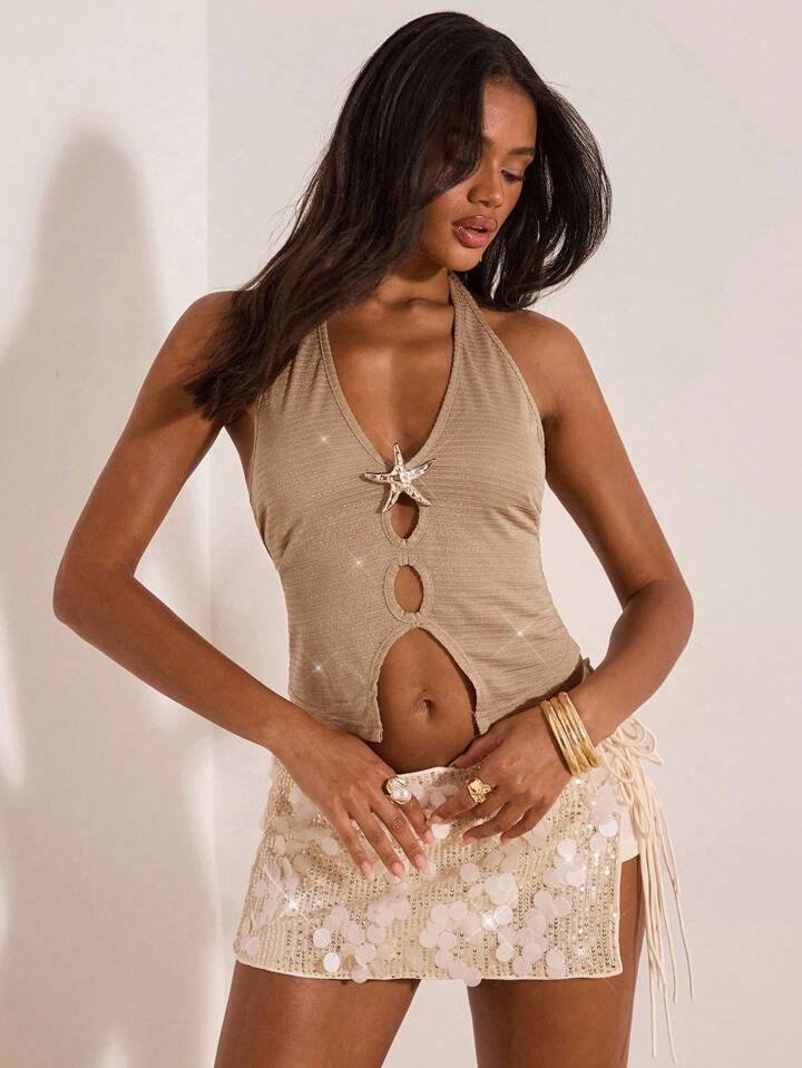 Opulessa Khaki Knitted Halter Neck Sleeveless Women's Top With Stylish Front Cutouts