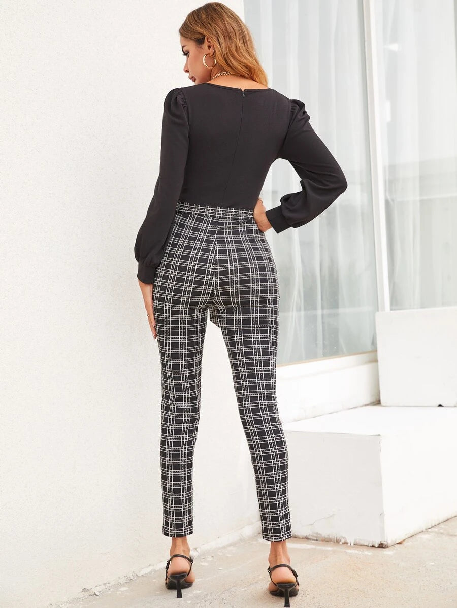 Plaid Print Puff Sleeve Belted Unitard Jumpsuit