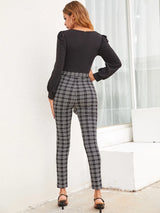 Plaid Print Puff Sleeve Belted Unitard Jumpsuit