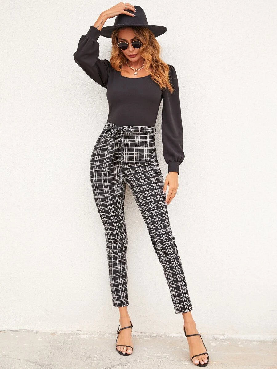 Plaid Print Puff Sleeve Belted Unitard Jumpsuit