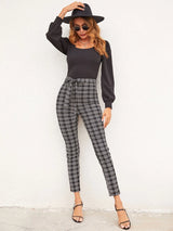 Plaid Print Puff Sleeve Belted Unitard Jumpsuit