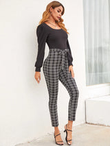 Plaid Print Puff Sleeve Belted Unitard Jumpsuit