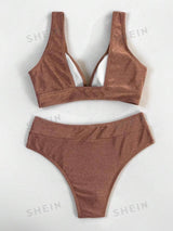 Plain V Neck Bikini Swimsuit