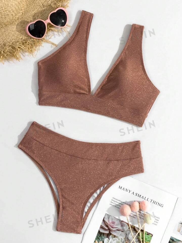 Plain V Neck Bikini Swimsuit