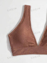 Plain V Neck Bikini Swimsuit