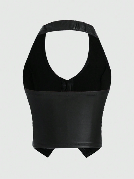 ROMWE Hippie Solid Color Women's Kpop Pu Leather Halter Neck Tank Top